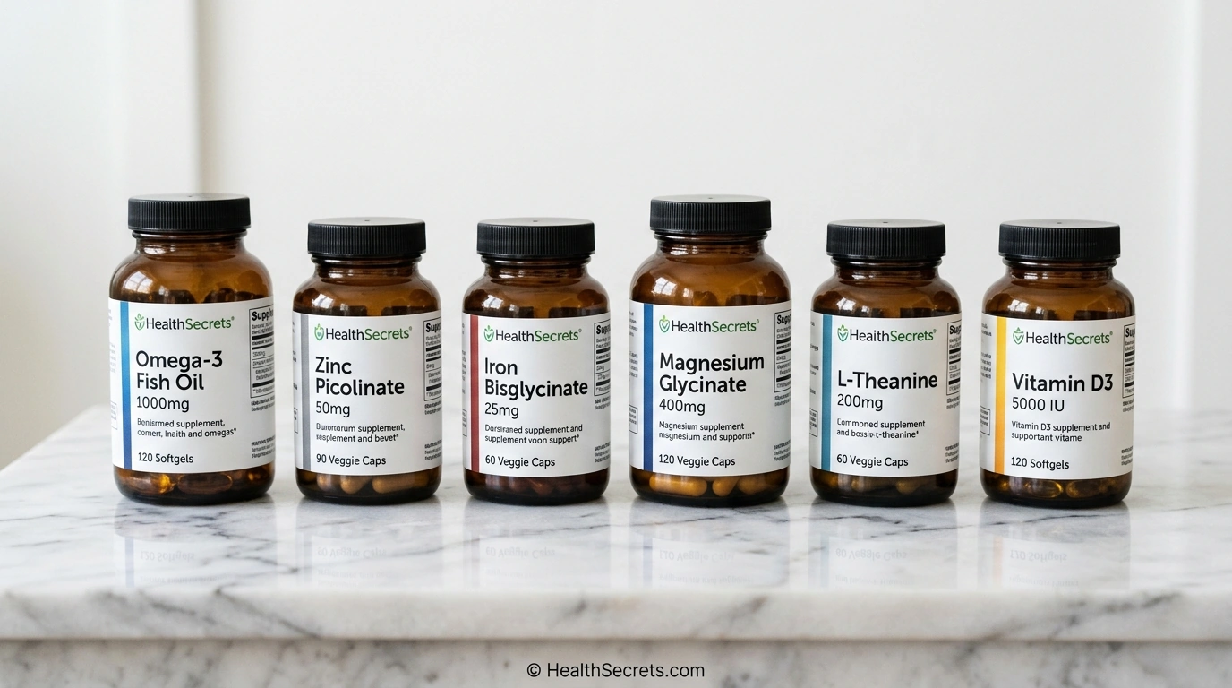 Key ADHD support supplements including omega-3, zinc, iron, magnesium, L-theanine, and vitamin D arranged on a clean surface
