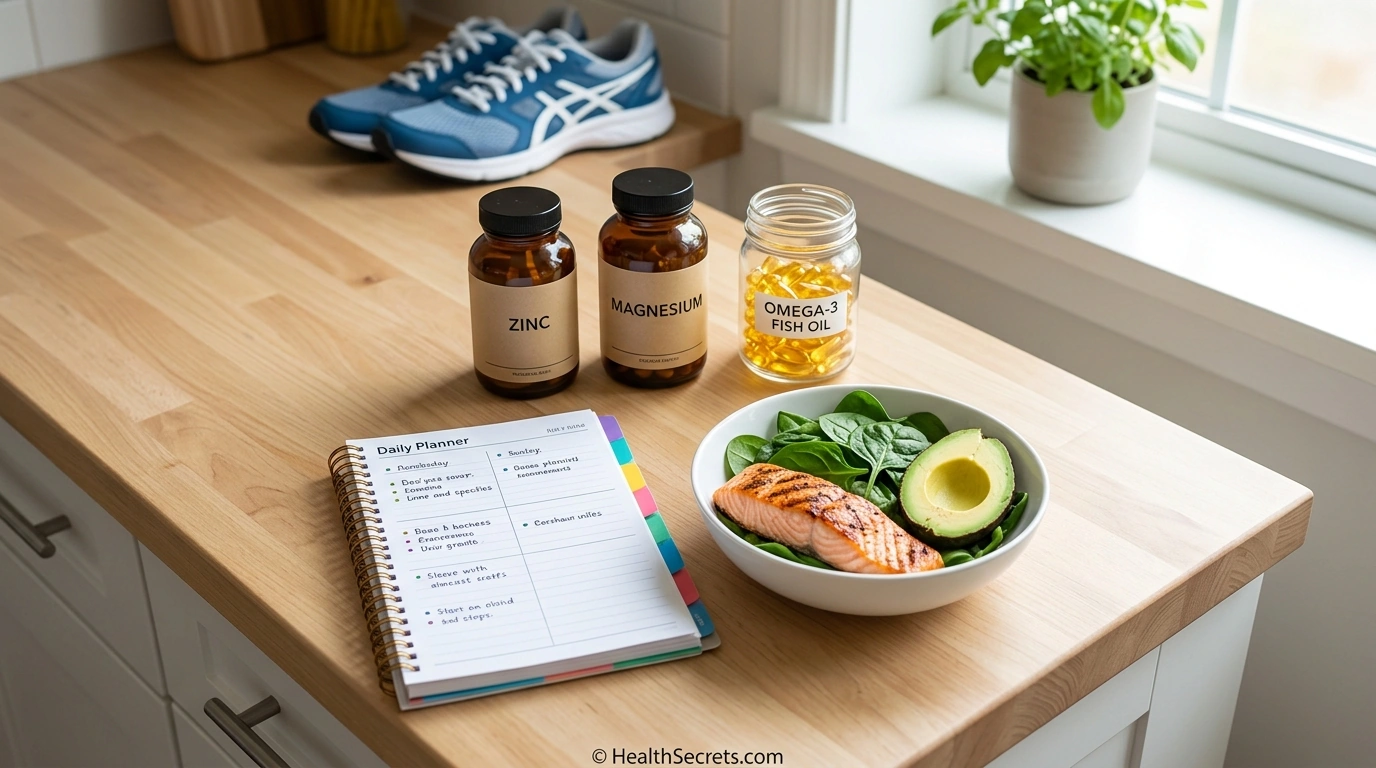 Natural ADHD remedies including omega-3 supplements, minerals, brain-healthy foods, and organizational tools on a kitchen counter