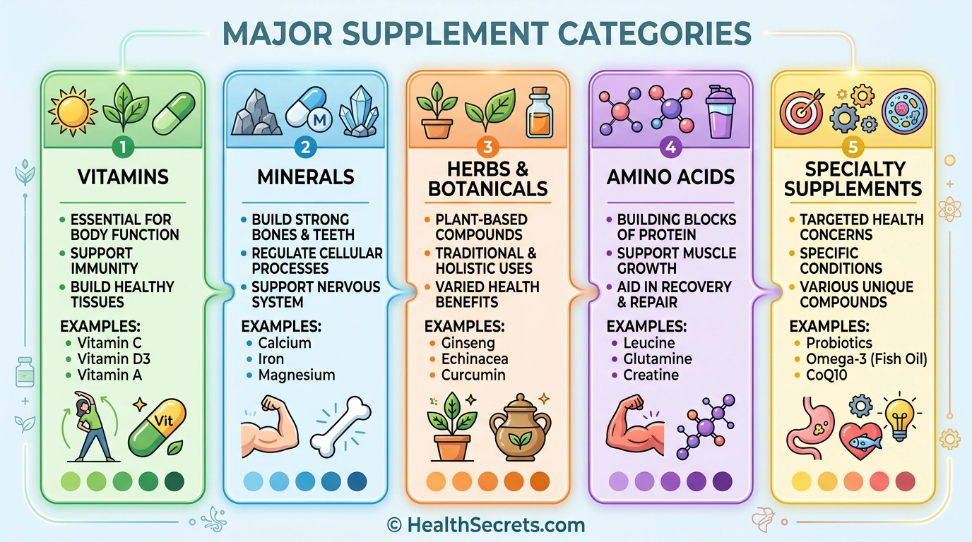 Visual breakdown of dietary supplement categories including vitamins, minerals, herbal extracts, amino acids, and specialty supplements