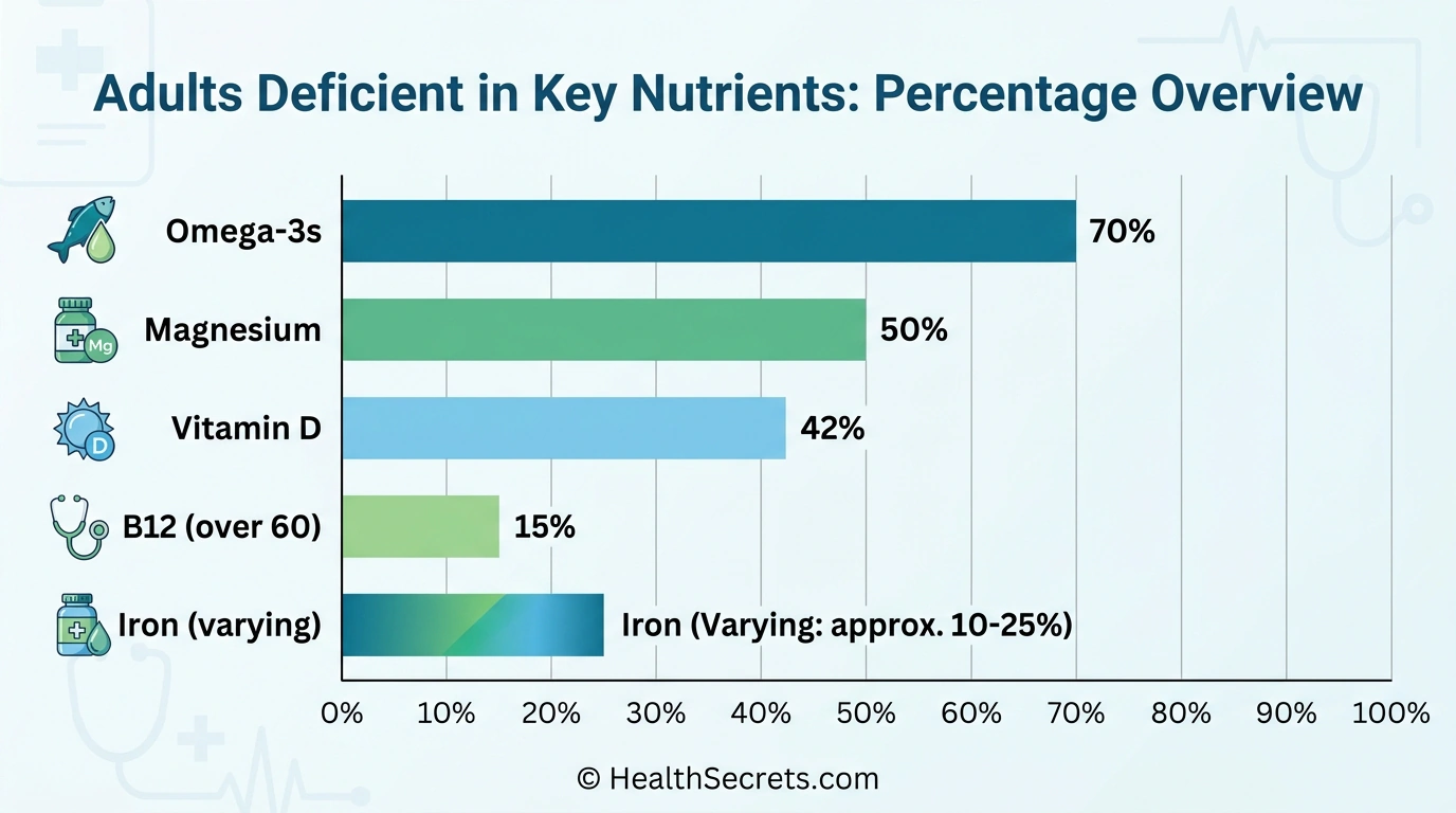 Bar chart displaying percentage of adults deficient in vitamin D, magnesium, omega-3s, B12, and iron