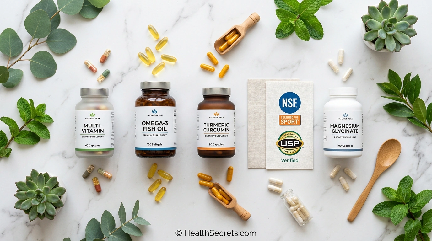 Evidence-based supplements guide showing quality-tested vitamins and minerals arranged on a clean surface