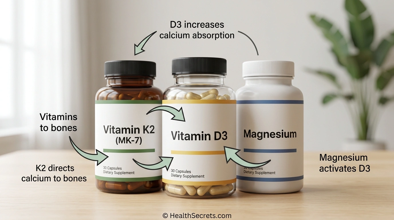 Vitamin D3 K2 and magnesium supplement trio showing synergistic relationship for bone and heart health