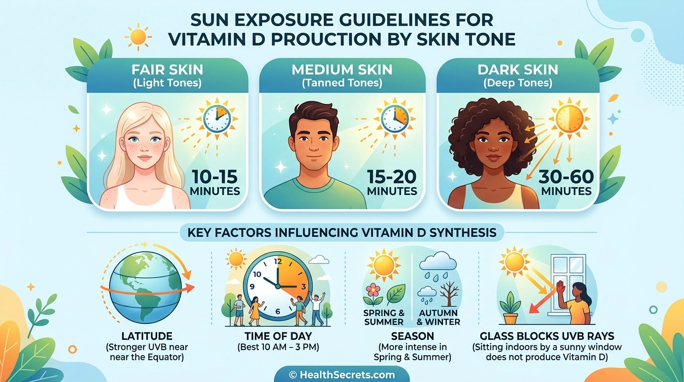 Sun exposure guidelines for vitamin D production by skin tone including timing and seasonal factors