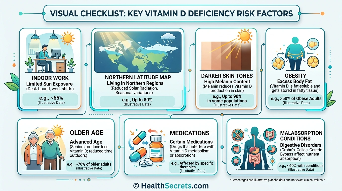 Vitamin D deficiency risk factors including limited sun exposure darker skin obesity and older age