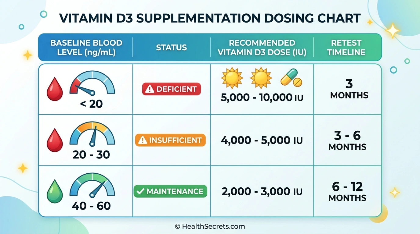 Vitamin D dosing guide chart showing recommended IU doses based on blood level ranges