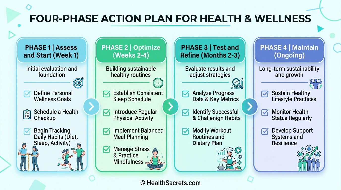 Four-phase B vitamin optimization plan from assessment through long-term maintenance with action items for each phase