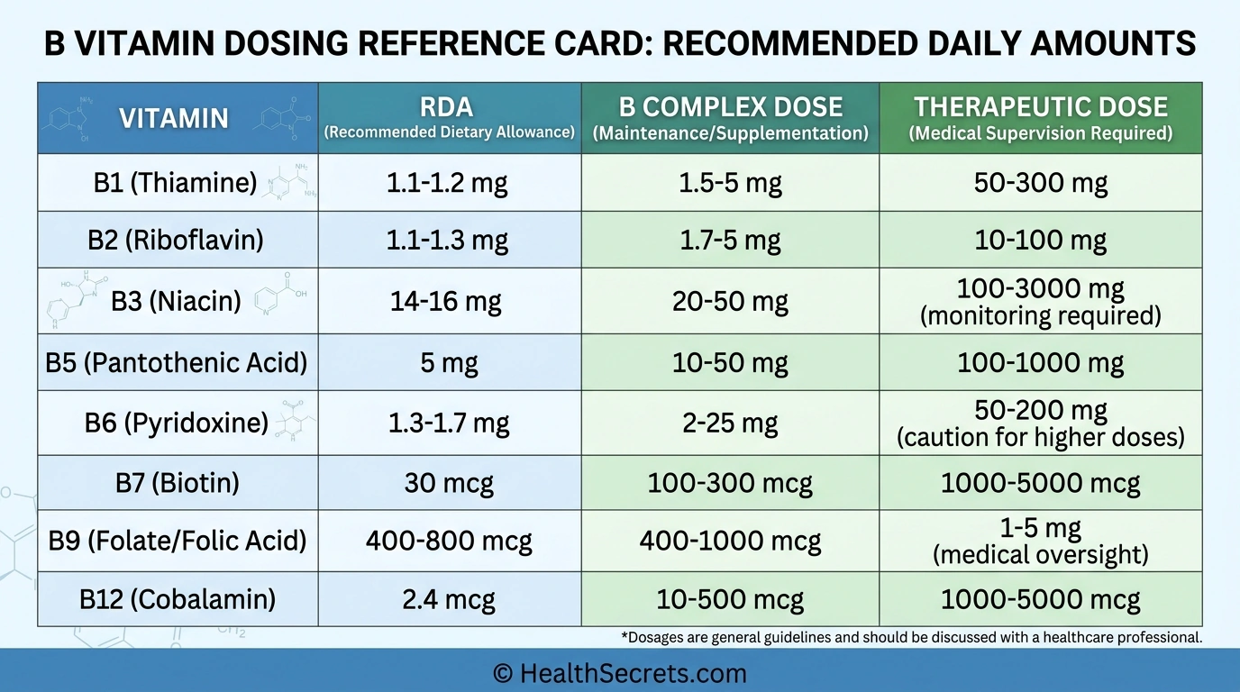 B vitamin dosing guide showing RDA and therapeutic doses for all eight B vitamins