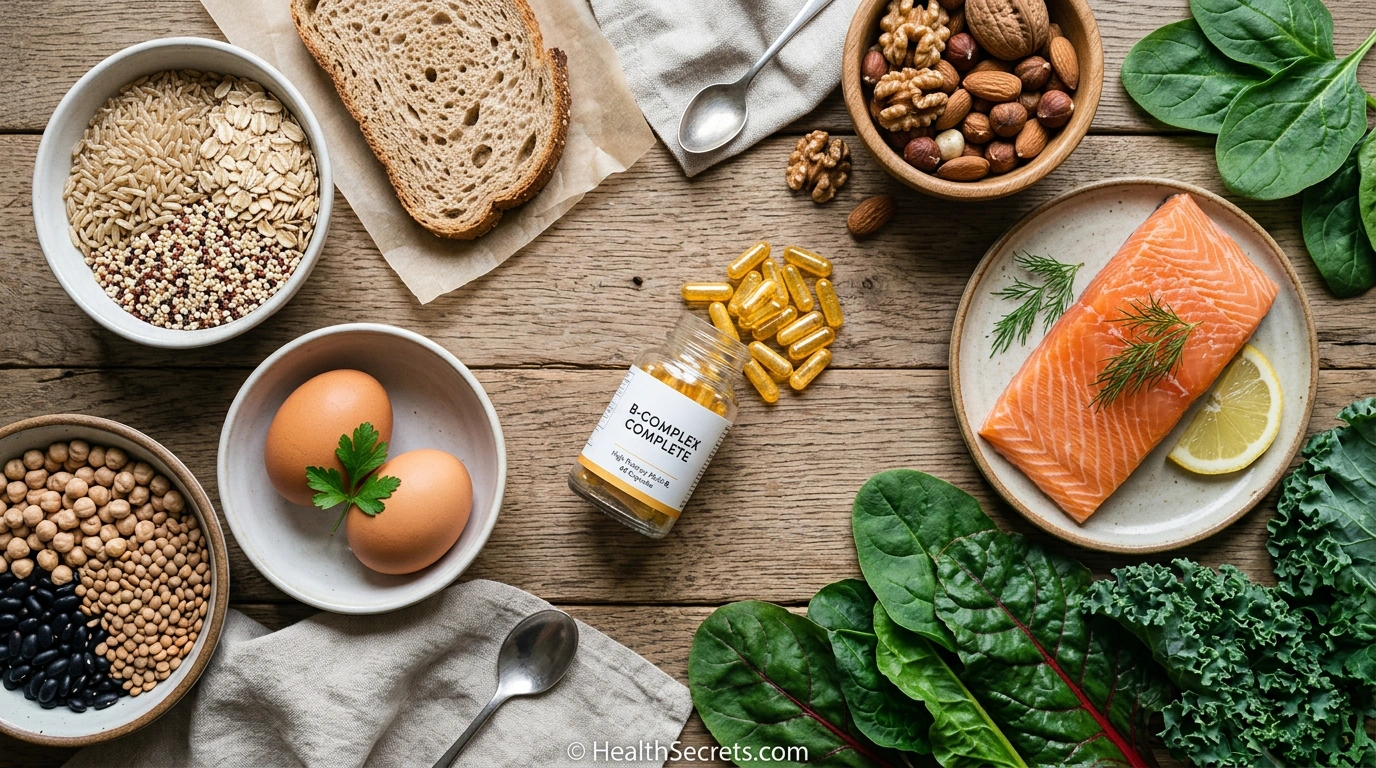 B vitamin-rich foods including eggs, salmon, spinach, legumes, and whole grains with B complex supplement capsules