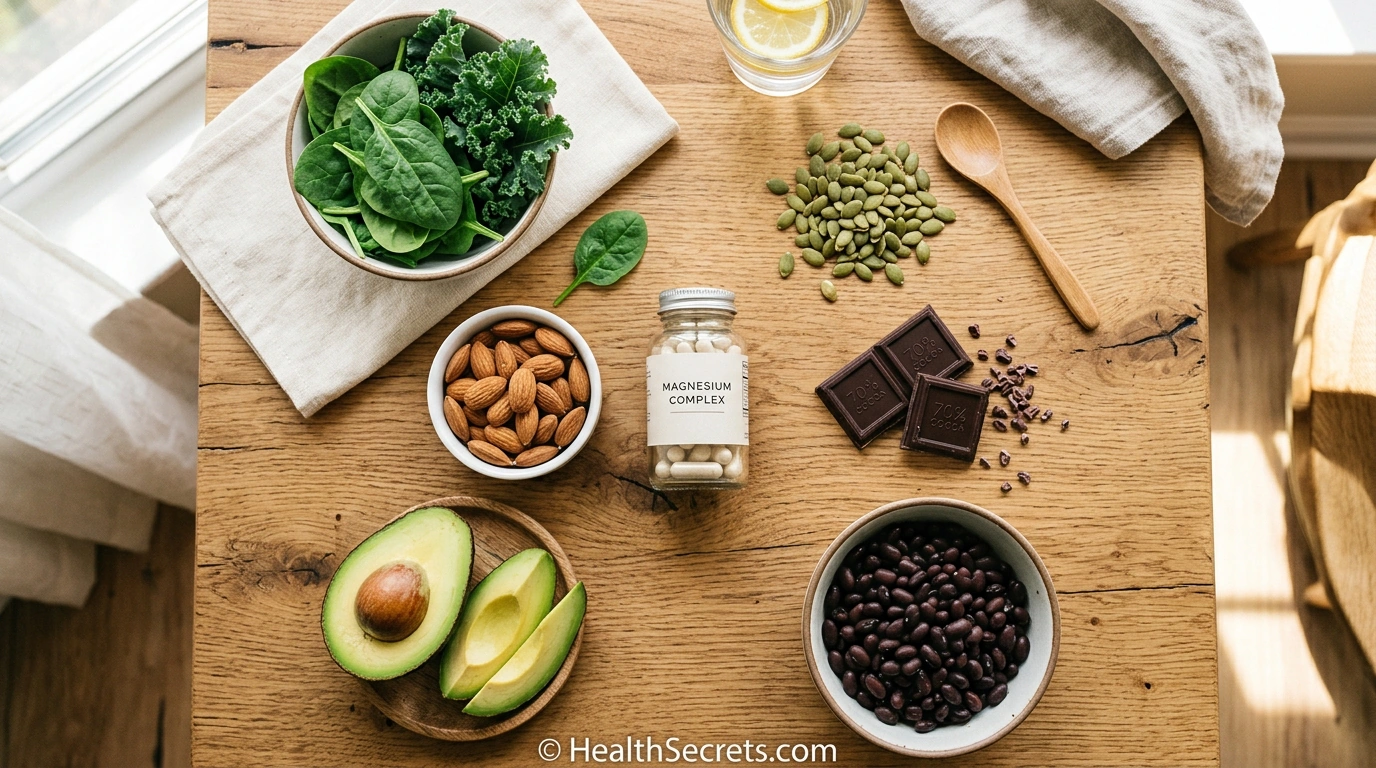 Magnesium-rich foods including spinach, pumpkin seeds, almonds, dark chocolate, and avocado alongside magnesium supplement capsules