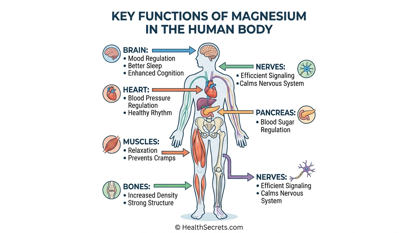 Human body diagram showing magnesium's essential functions in the brain, heart, muscles, bones, and nervous system