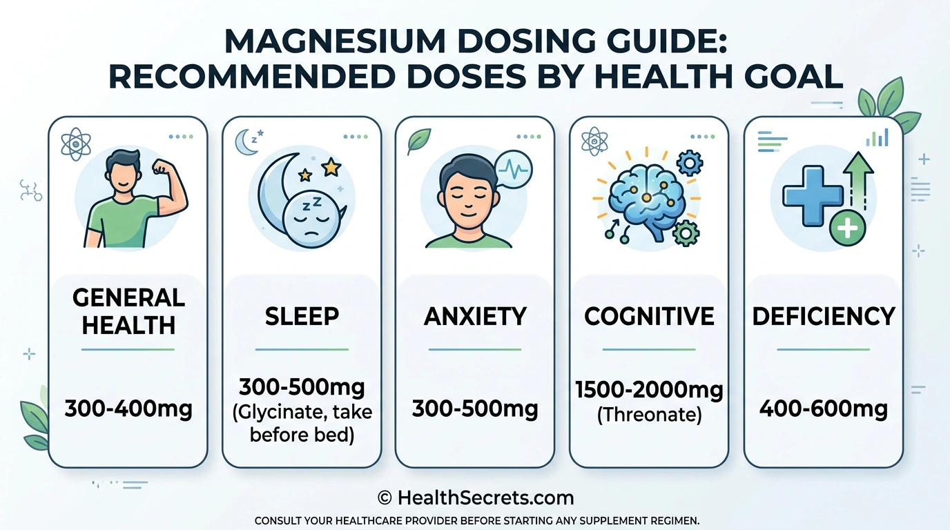 Magnesium dosing guide showing recommended daily amounts for sleep support, anxiety, cognitive function, and general health