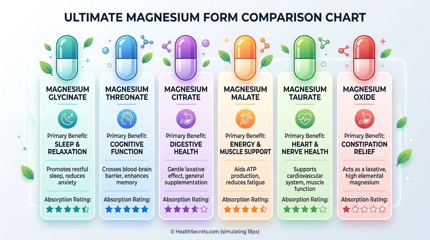 Visual comparison of six magnesium supplement forms showing glycinate, threonate, citrate, malate, taurate, and oxide with absorption ratings and best uses