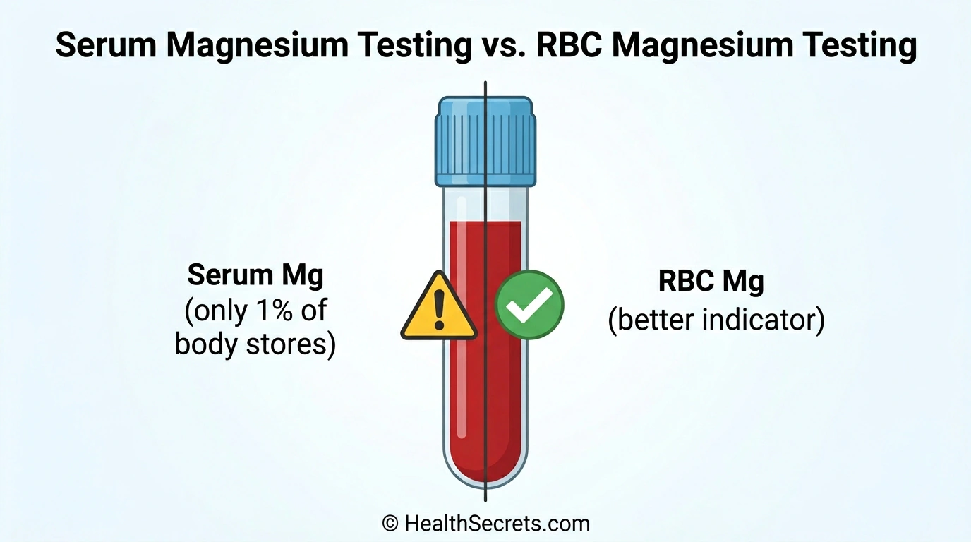 Comparison of serum magnesium testing versus RBC magnesium testing showing why RBC is more accurate for detecting deficiency