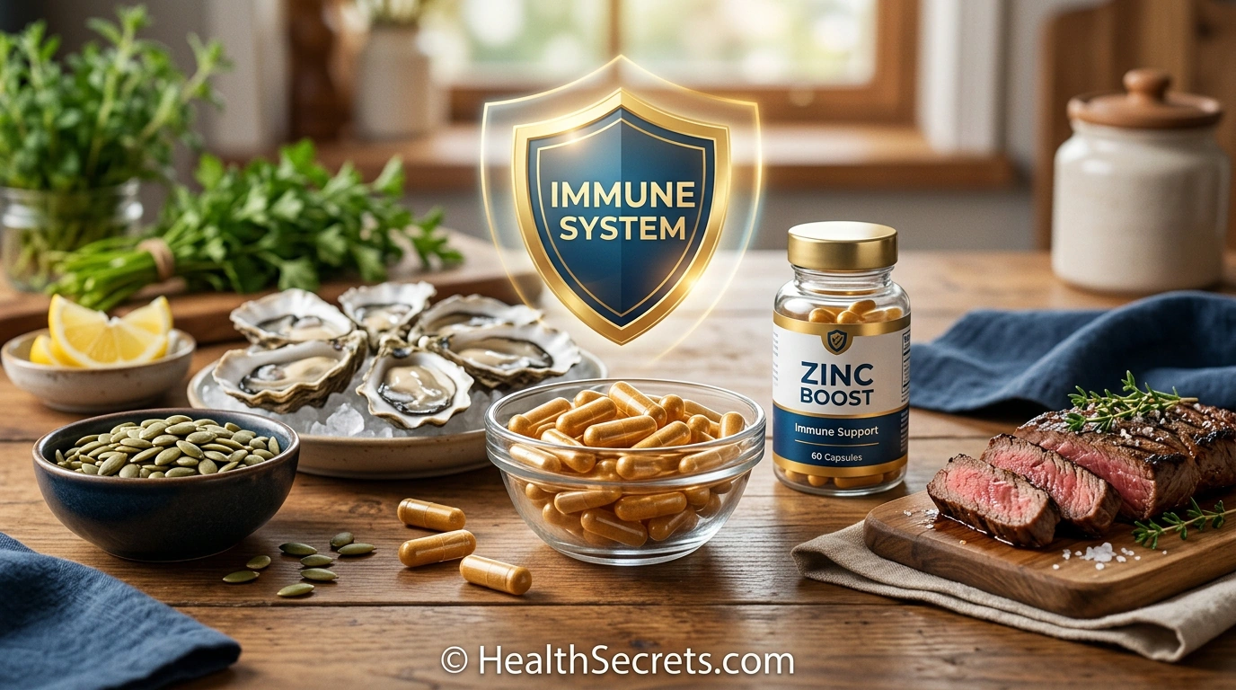 Zinc supplement capsules alongside zinc-rich foods including oysters and pumpkin seeds for immune and hormone support