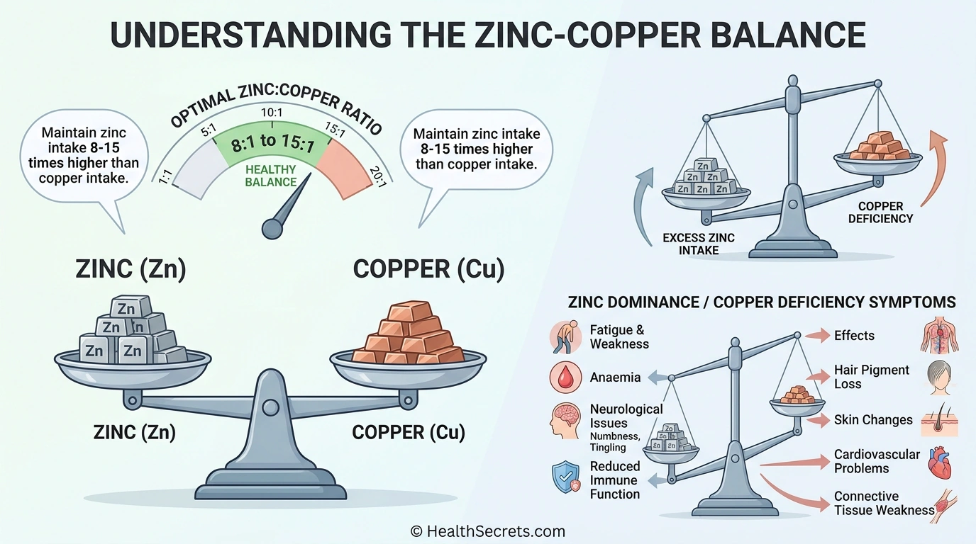 Diagram illustrating the critical zinc-to-copper balance ratio of 8:1 to 15:1 for safe supplementation