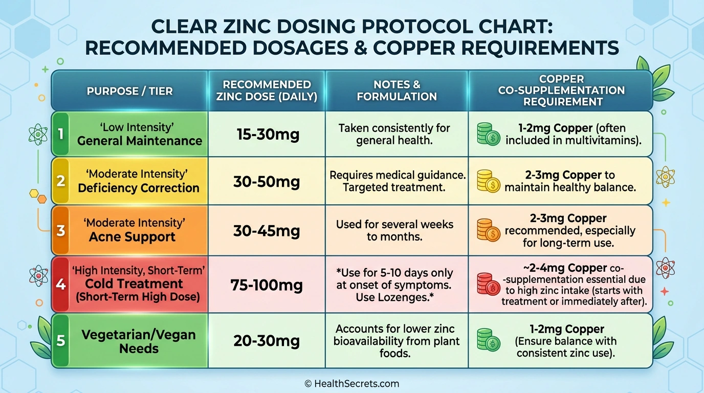 Zinc dosing protocol chart showing recommended daily amounts for maintenance, deficiency correction, cold treatment, and specific conditions