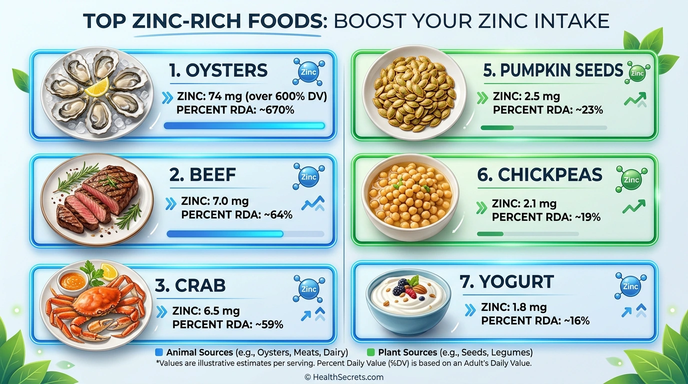 Chart of zinc-rich foods showing oysters, beef, crab, pumpkin seeds, and chickpeas with zinc content per serving