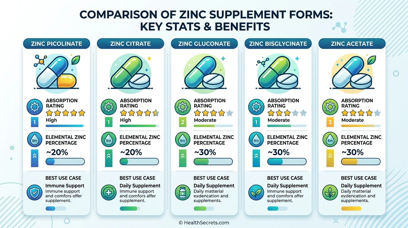 Visual comparison of zinc supplement forms including picolinate, citrate, gluconate, and bisglycinate with absorption ratings