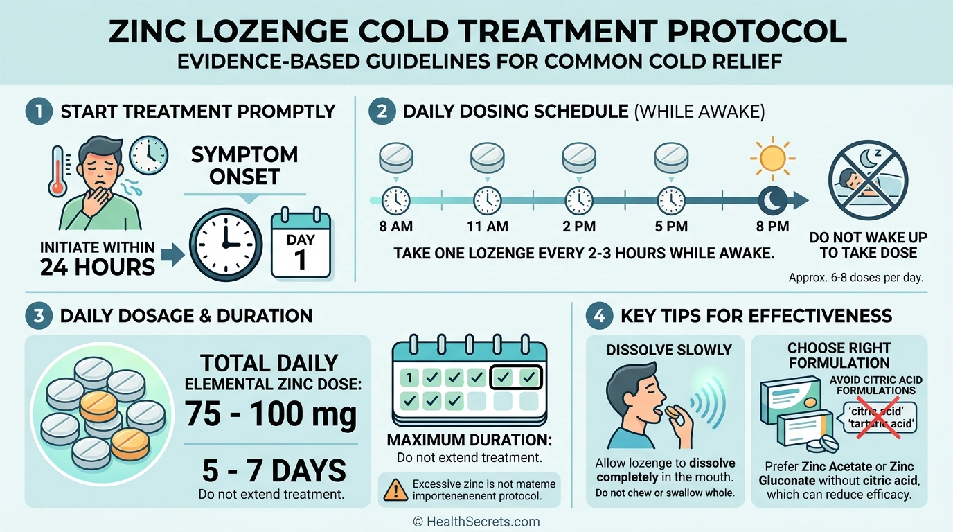 Step-by-step zinc lozenge protocol for cold treatment showing timing, dosage, and duration guidelines