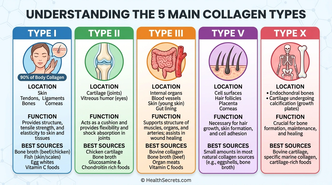 Infographic comparing five main collagen types showing their locations in the body and primary functions