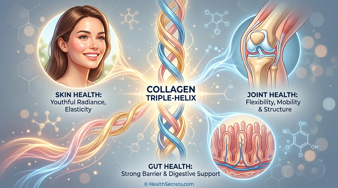 Collagen protein triple-helix structure illustration with benefits for skin, joints, and gut health