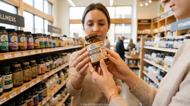 Person examining supplement quality label indicators including third-party testing seals and ingredient forms