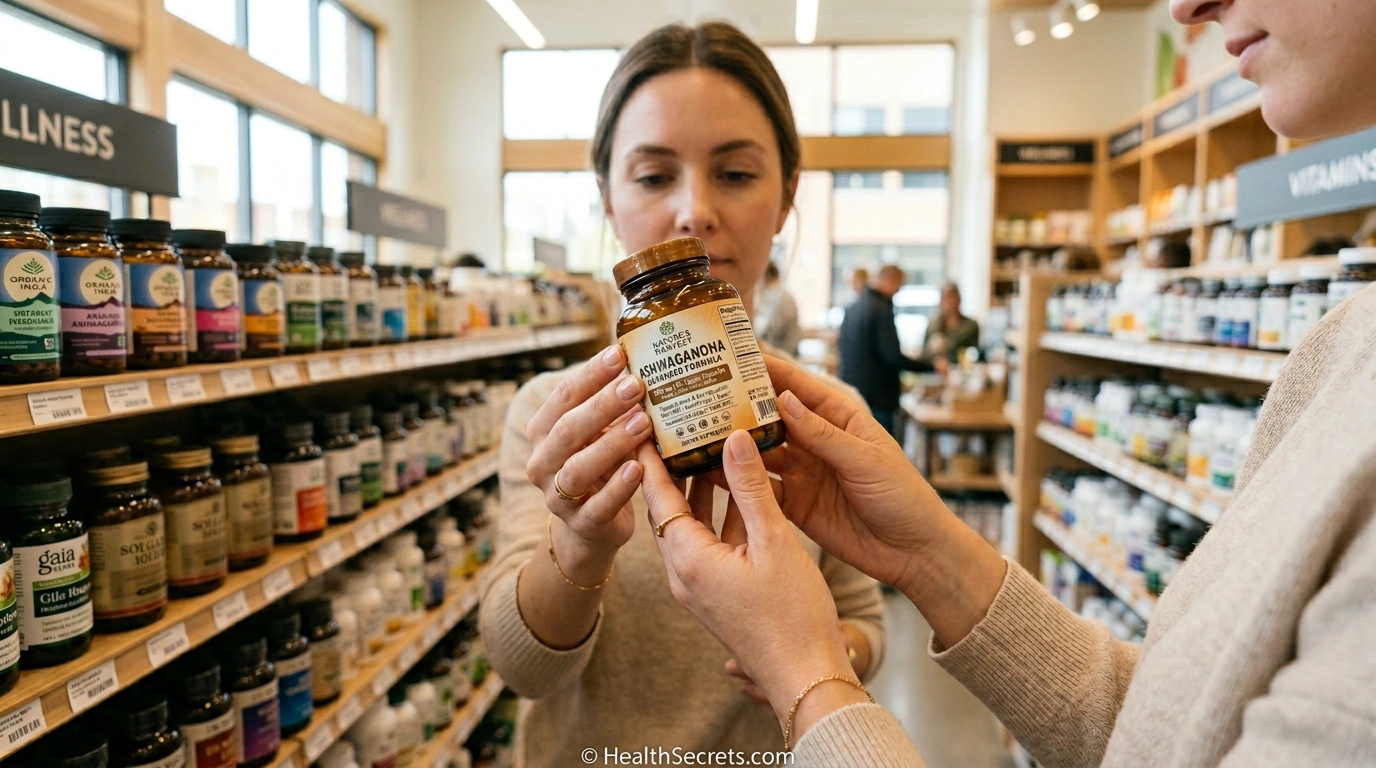 Person examining supplement quality label indicators including third-party testing seals and ingredient forms