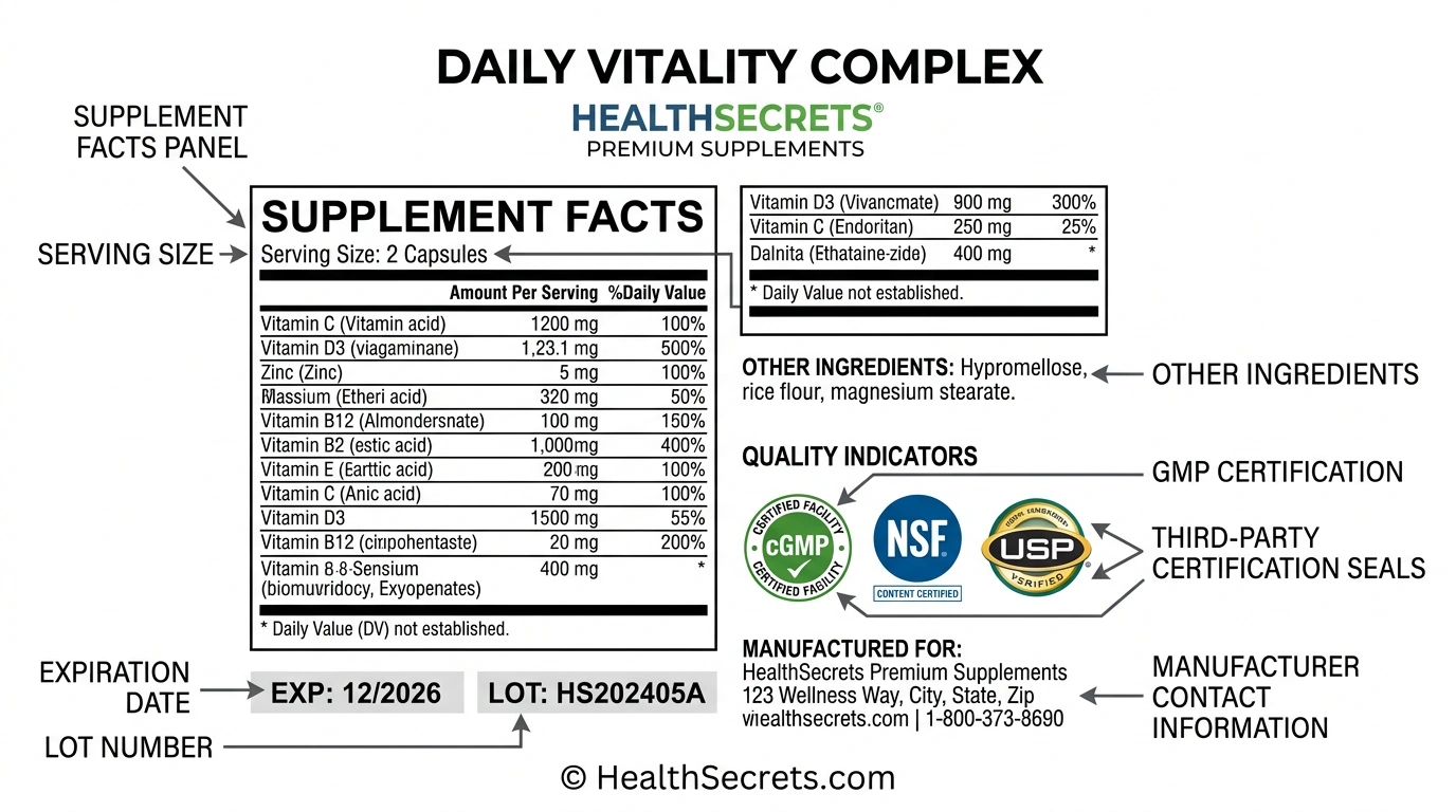 Annotated supplement label showing quality indicators including Supplement Facts panel certification seals and expiration date
