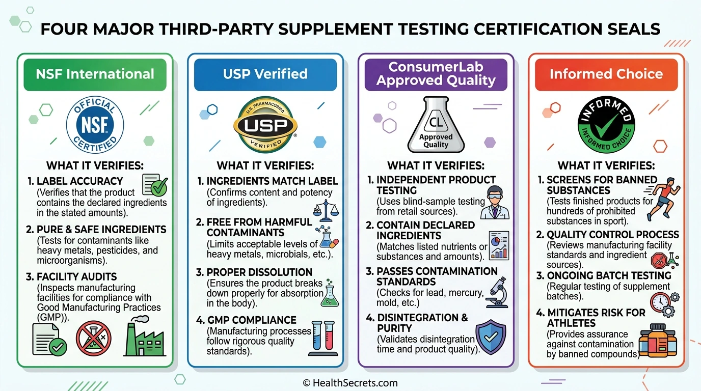 Third-party supplement testing certification seals including NSF USP ConsumerLab and Informed Choice with descriptions