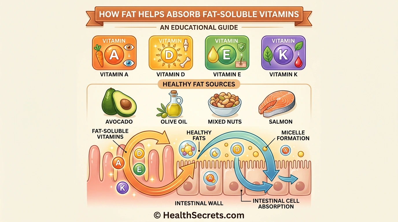 Infographic showing fat-soluble vitamins A D E K absorbed with healthy fats like avocado, olive oil, and nuts