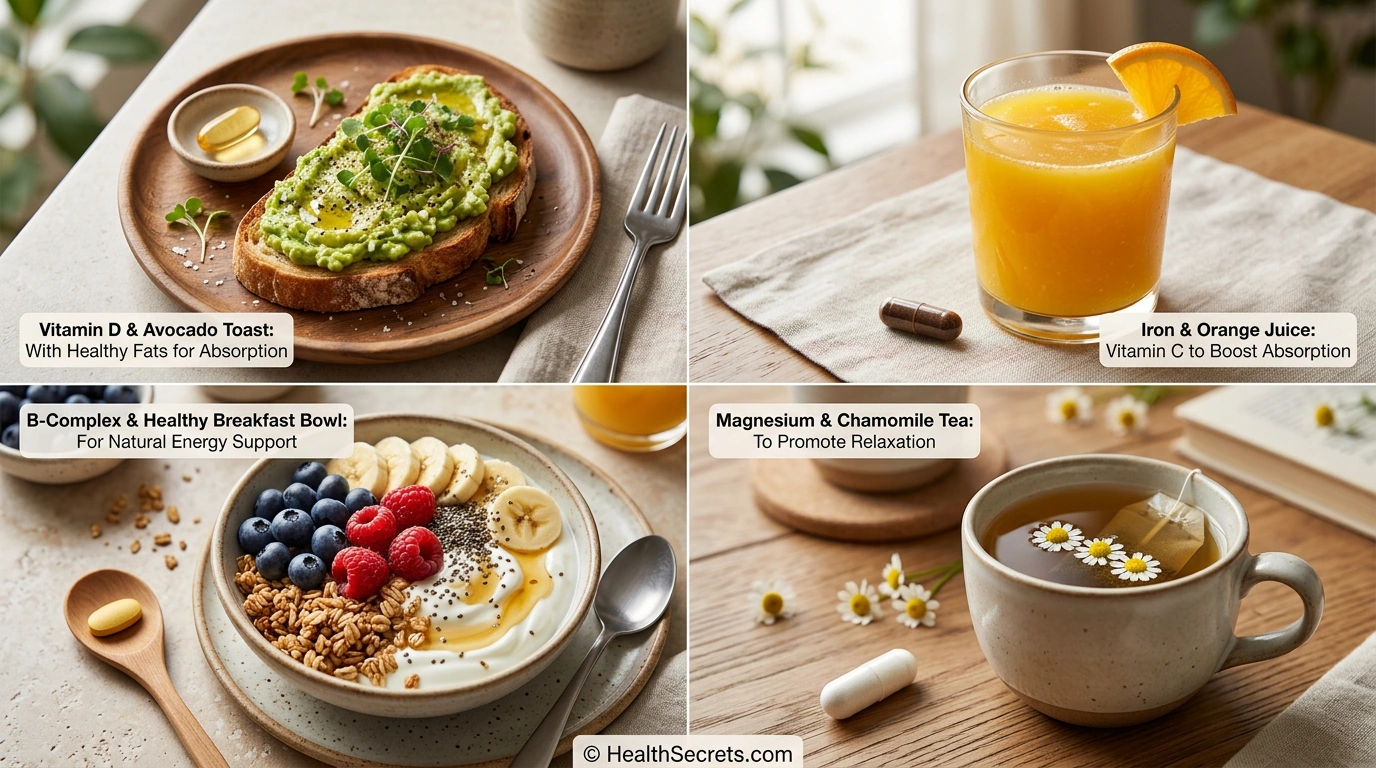 Supplement and food pairings for optimal absorption including vitamin D with avocado and iron with orange juice