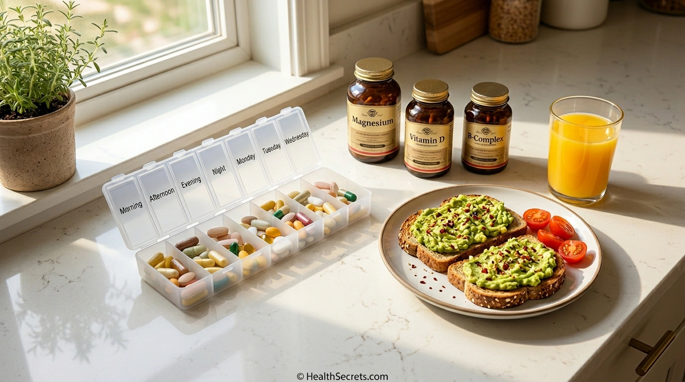 Weekly supplement pill organizer on kitchen counter with healthy breakfast showing optimal supplement timing
