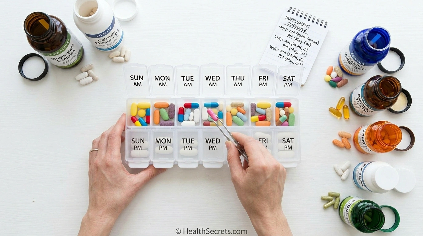 Weekly pill organizer being filled with supplements organized by morning and evening timing