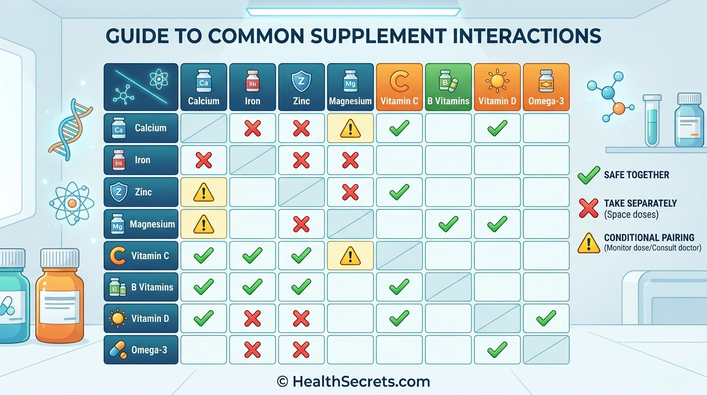 Supplement interaction chart showing which vitamins and minerals to take together or separate
