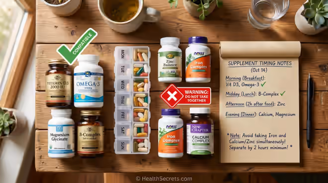 Supplement bottles on a table with a pill organizer showing proper spacing between interacting supplements