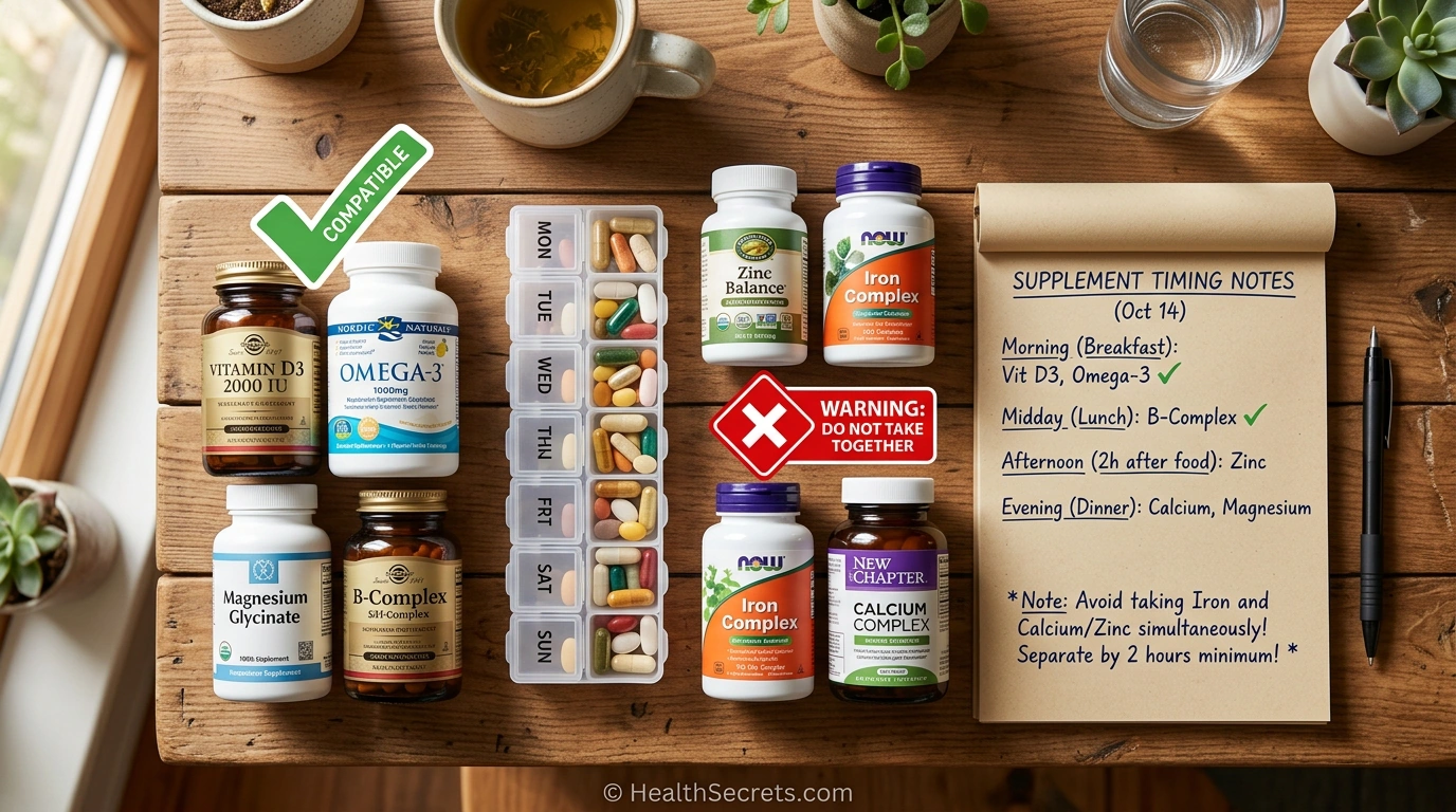 Supplement bottles on a table with a pill organizer showing proper spacing between interacting supplements