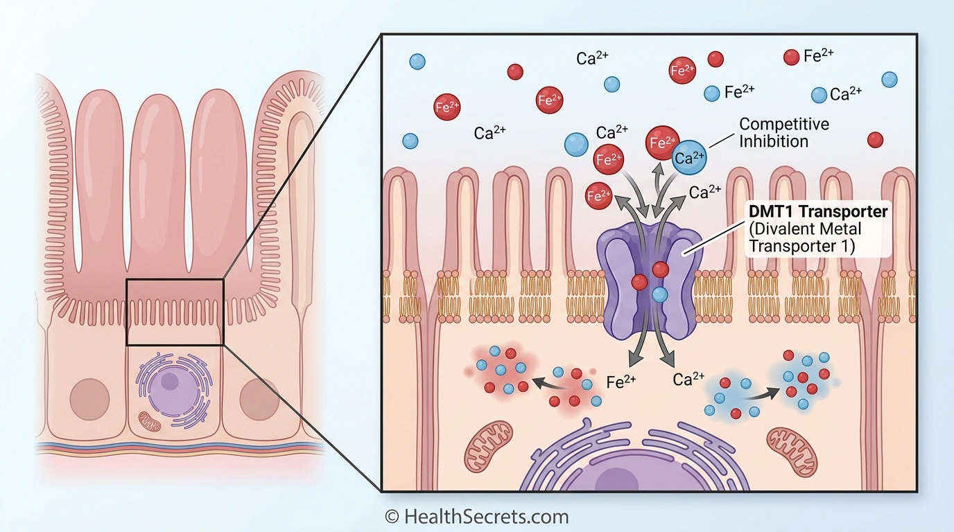 Diagram of calcium and iron competing for the DMT1 transporter in intestinal cells