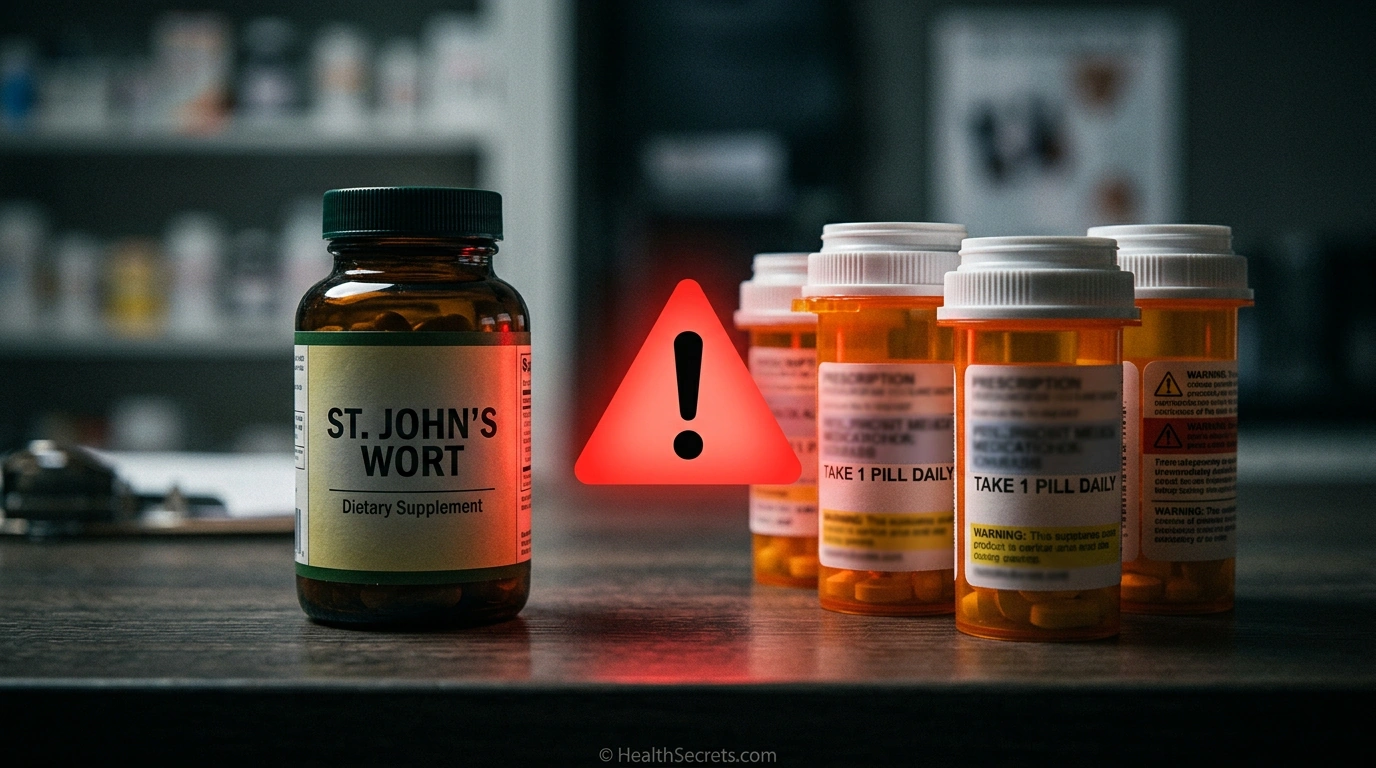 Warning image showing St John's wort supplement next to prescription medications with danger symbol