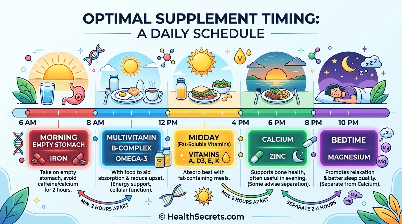 Daily supplement timing schedule showing proper spacing between interacting supplements