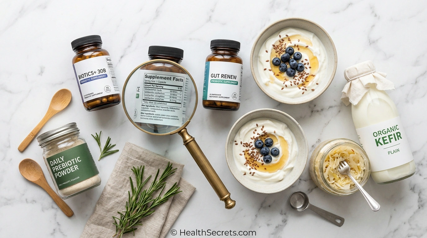 Collection of probiotic supplement bottles, prebiotic powder, and fermented foods arranged on a marble countertop with a magnifying glass examining a supplement label