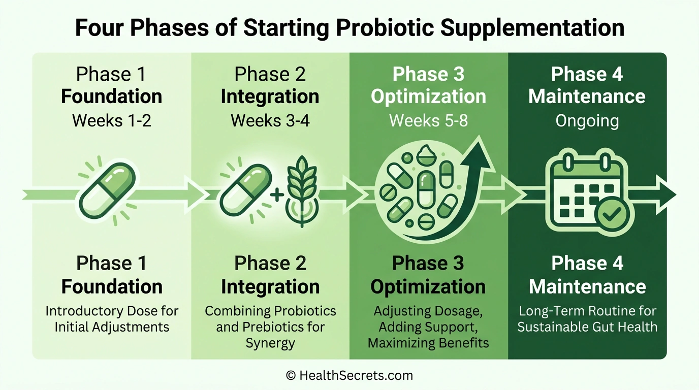 Timeline infographic showing four phases of starting probiotic and prebiotic supplementation over 8 weeks