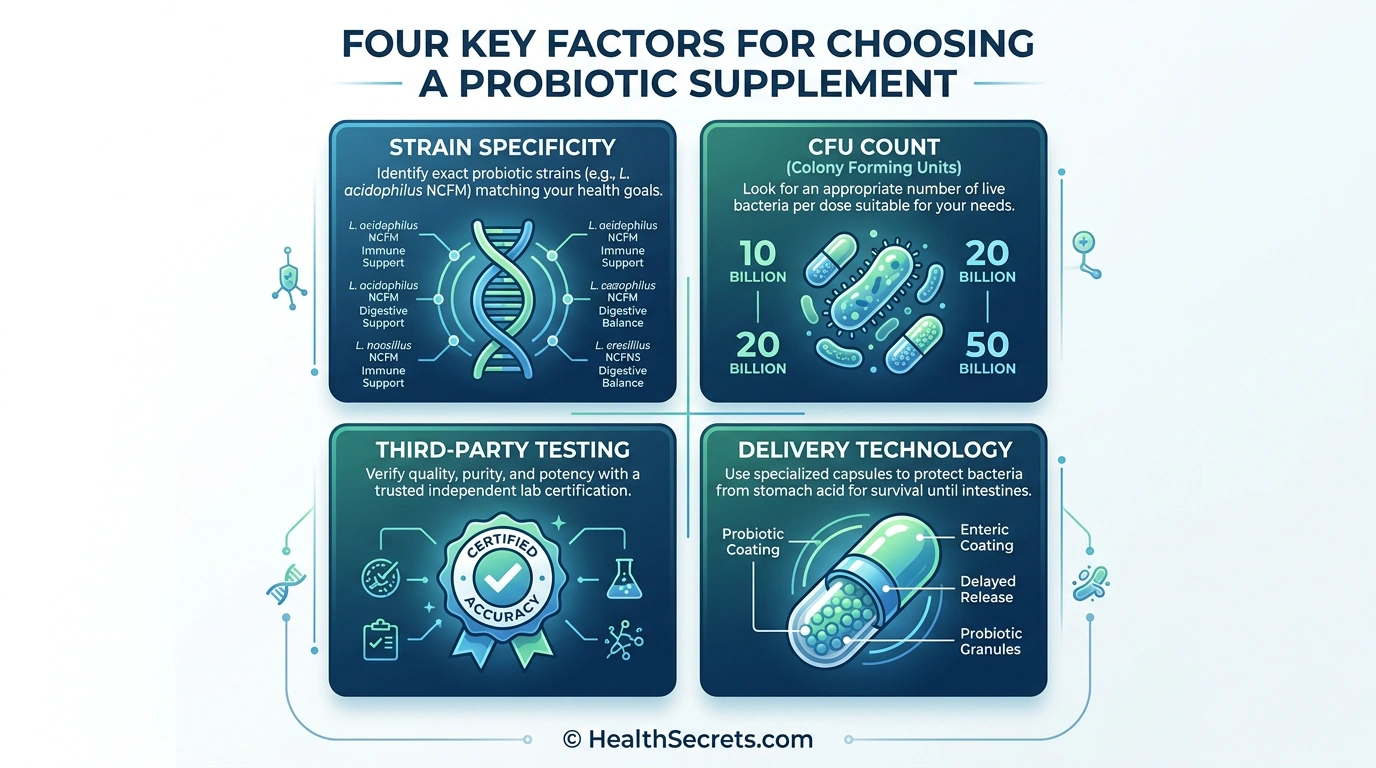 Infographic showing four key factors for choosing probiotic supplements: strain specificity, CFU count, delivery technology, and third-party testing
