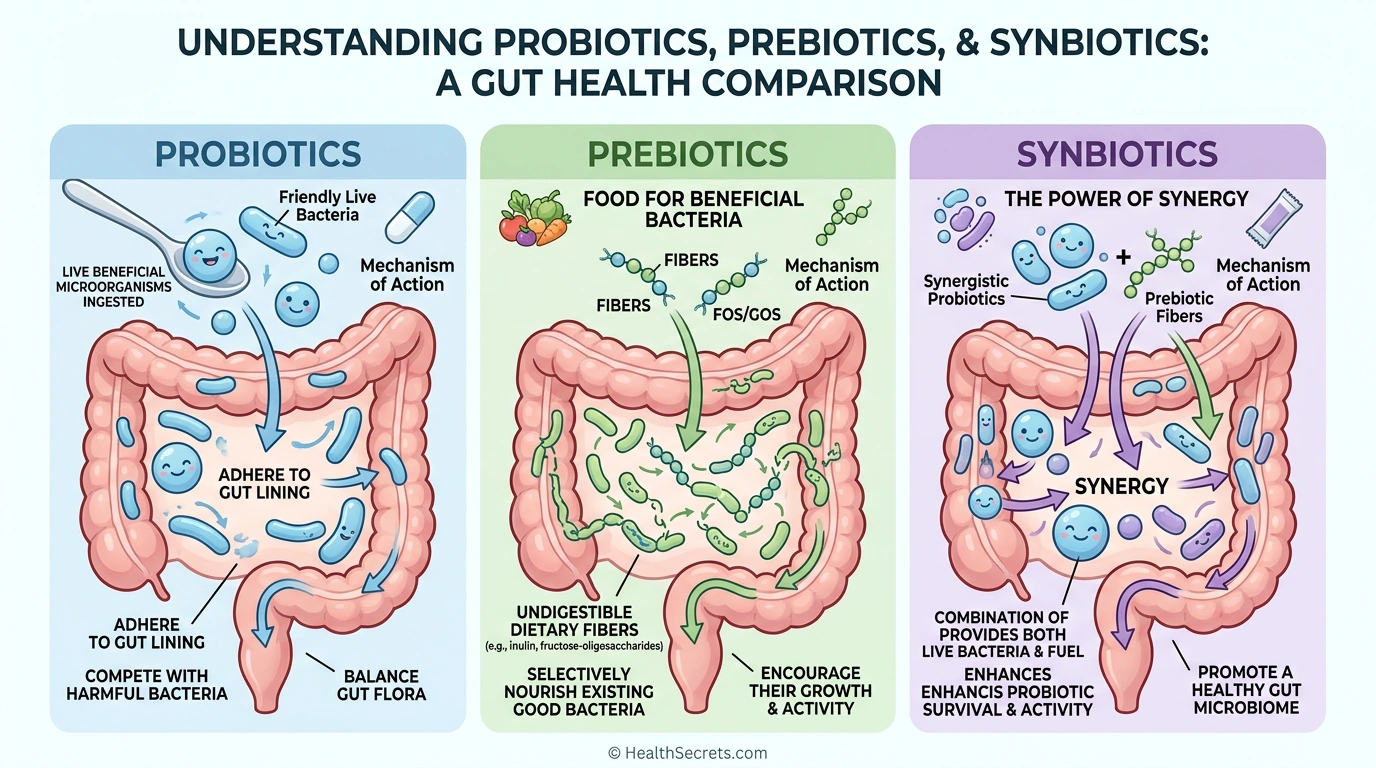 Comparison diagram showing how probiotics, prebiotics, and synbiotics work differently in the gut