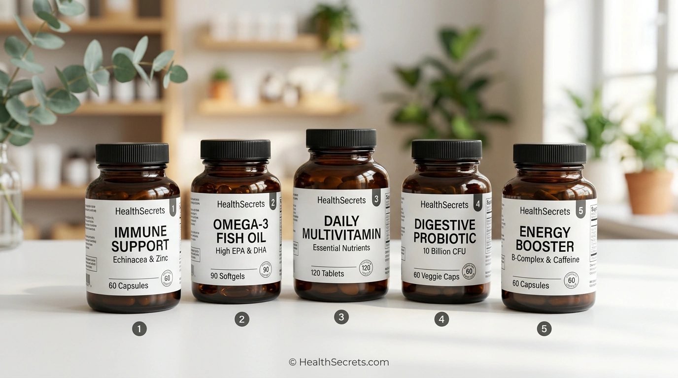Top recommended probiotic supplements arranged in a professional product lineup