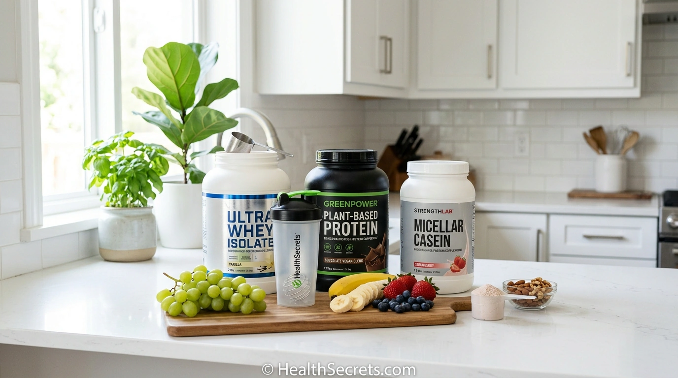 Collection of protein supplement powders including whey, plant-based, and casein varieties on a modern kitchen counter