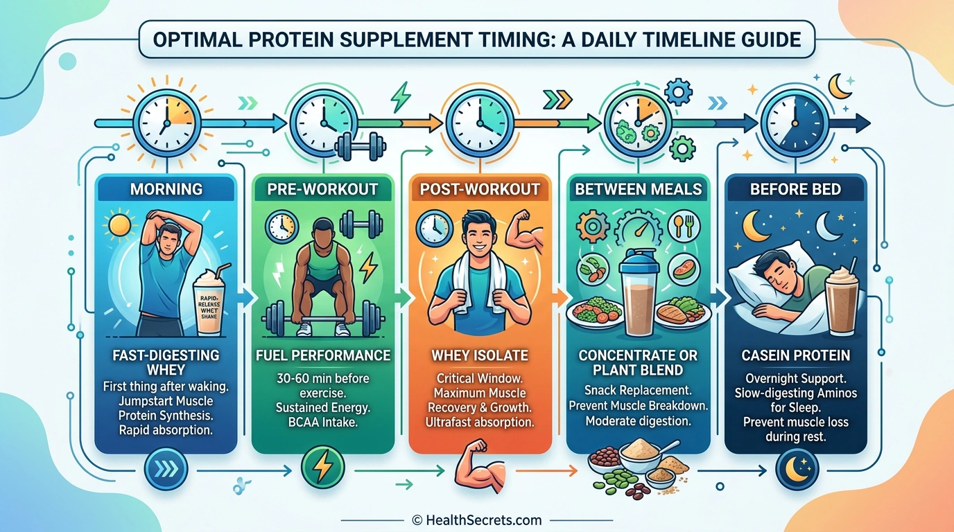 Daily protein supplement timing schedule showing optimal times for whey, casein, and plant-based protein intake