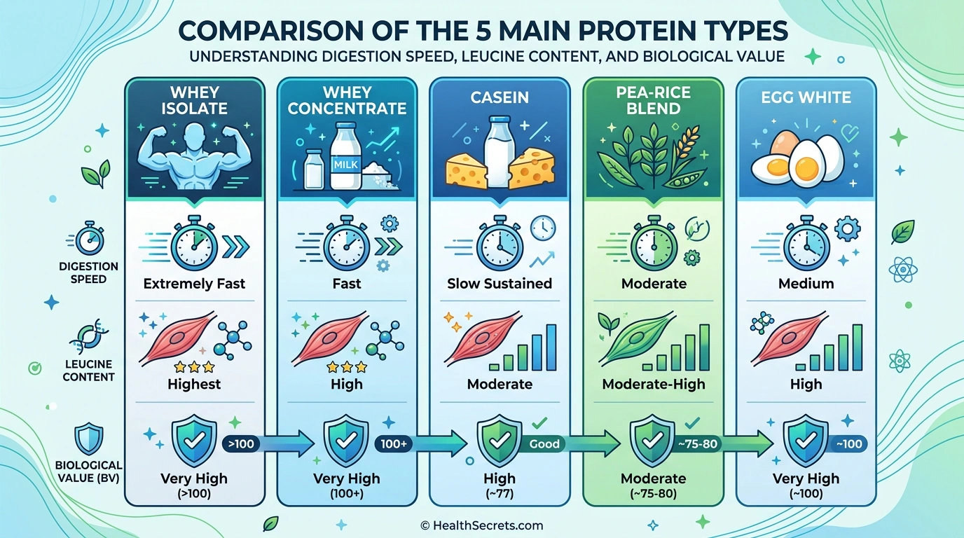 Infographic comparing whey isolate, whey concentrate, casein, plant-based, and egg white protein types by digestion speed and biological value