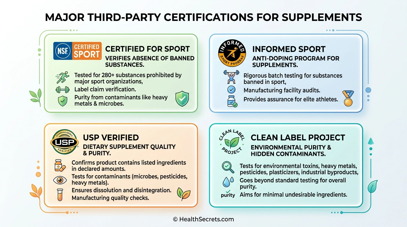 Third-party certification badges for protein supplements including NSF Certified for Sport, Informed Sport, USP Verified, and Clean Label Project