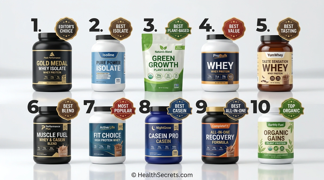 Top 10 recommended protein supplements for 2026 arranged in ranked order with category badges