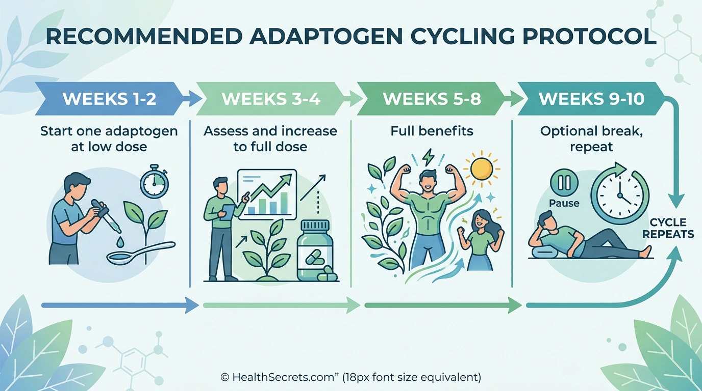 Timeline infographic showing adaptogen cycling protocol from starting low dose through full benefits and optional break periods